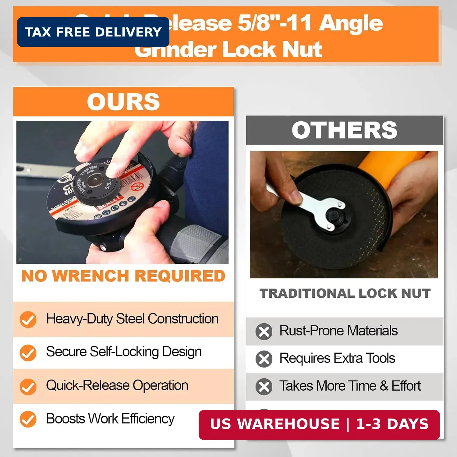 5/8-11 Quick Change Angle Grinder Nut, Self-Locking, 4 Pack | Wrench-Free Arbor