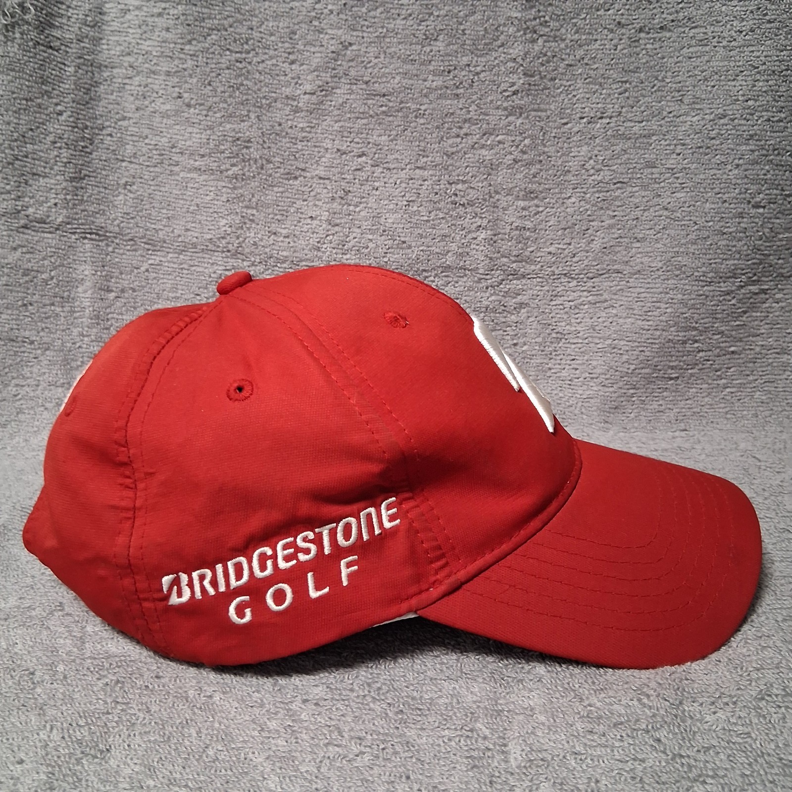 Bridgestone Golf Hat Cap Strap Back Red White Logo Performance Golfing Mens
