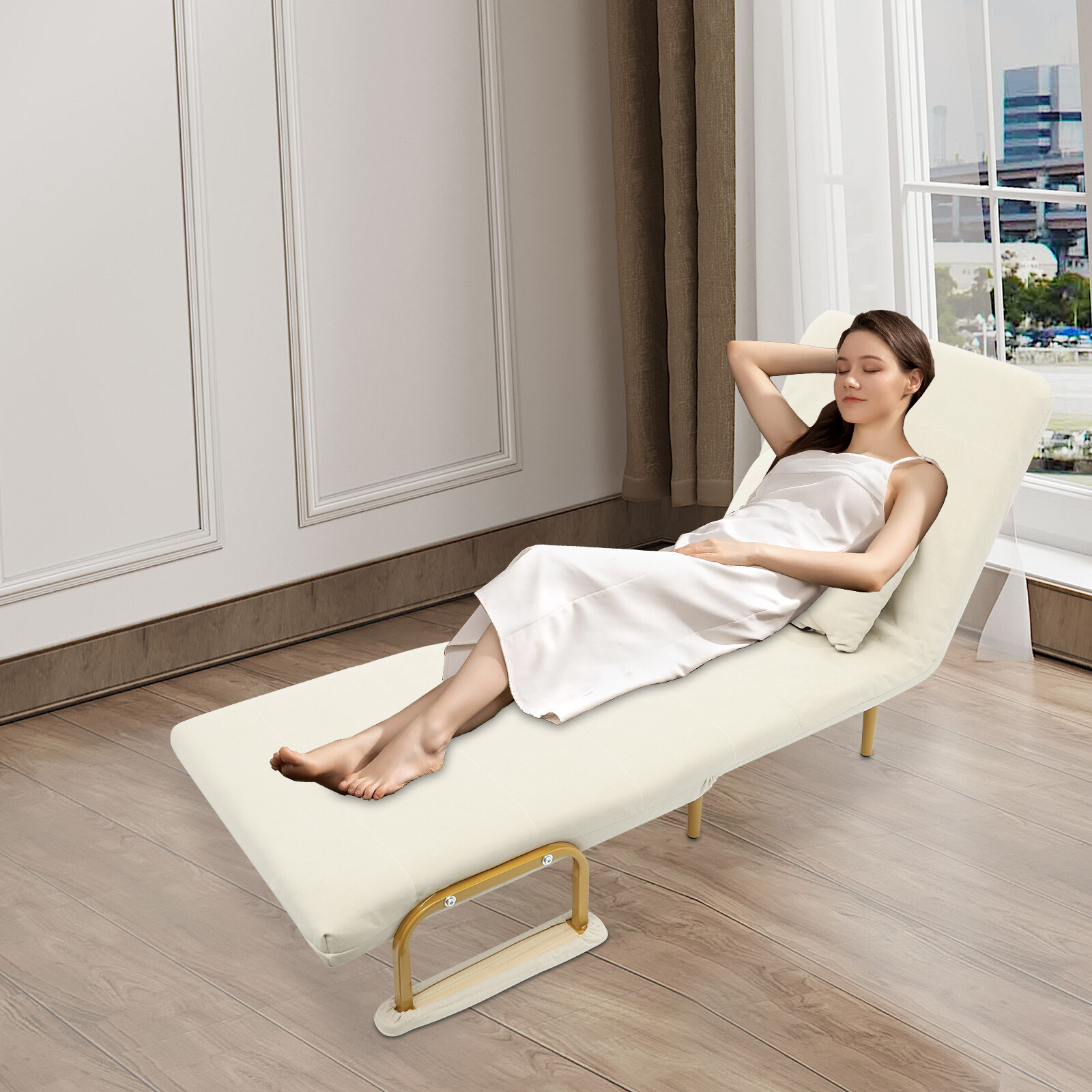 Off-white Convertible Sofa Bed Folding Sofa Bed with Pillow & 5-Gear Backrest US