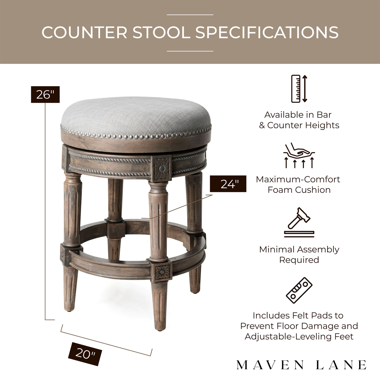 Maven Lane Pullman Backless Swivel Kitchen Counter Stool, Reclaimed Oak