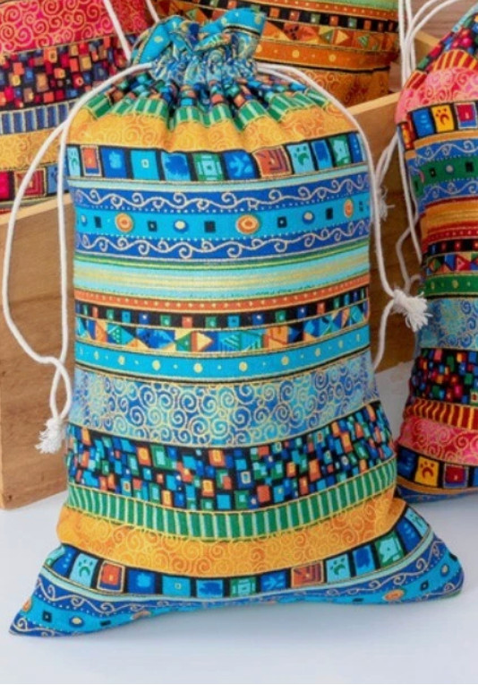 Ethnic Style Cloth Packing Pouches| Drawstring | Rectangle, Turquoise | 5 pk