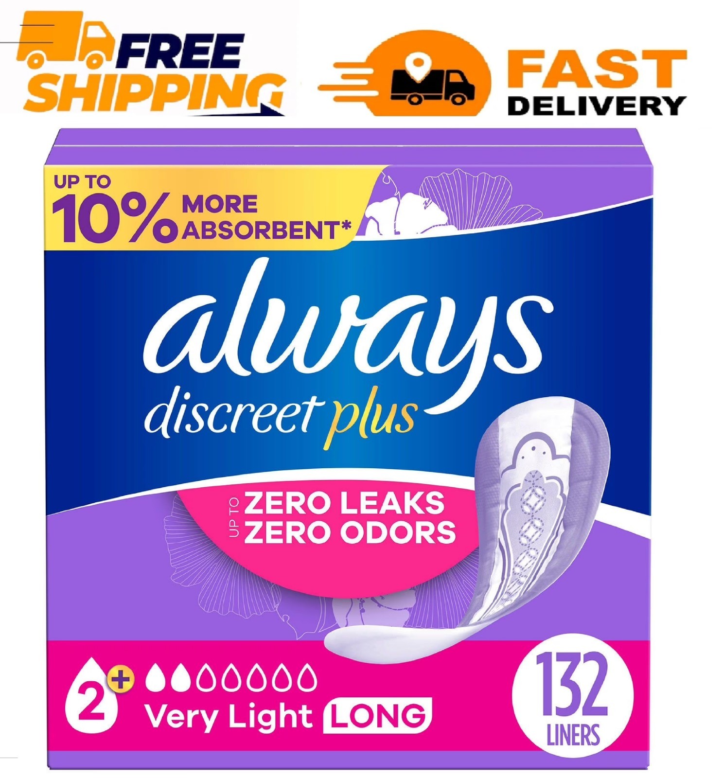Always Discreet plus Incontinence Liners for Women, Very Light Long, 132 ct.