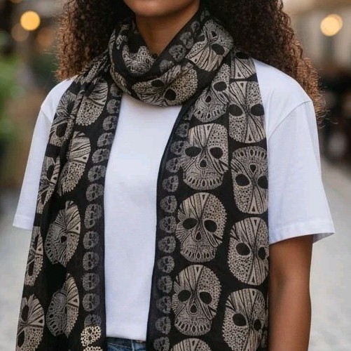 Women Scarf Skull Shawl Soft Long Elegant Classical Sheer Black Beaded Halloween