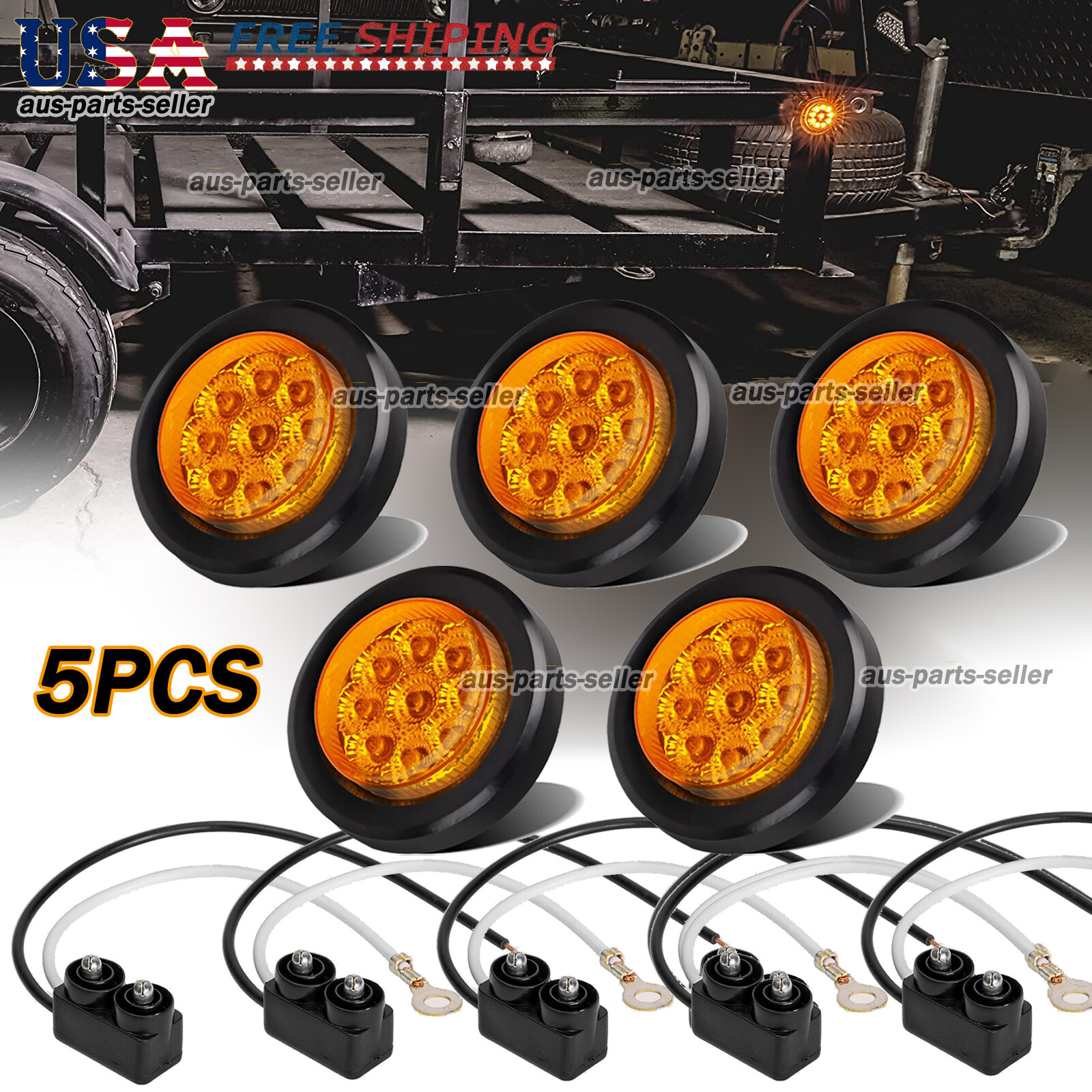 5pcs 2" Inch DOT Amber Round Trailer 9 LED Marker Lights w/ Grommet for Truck RV