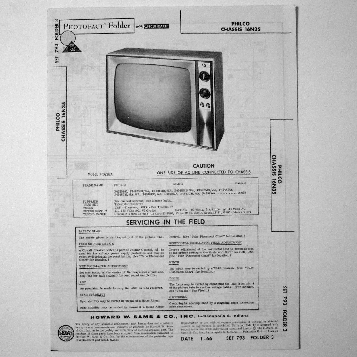 Philco Chassis 16N35 Model P4322WA TV - SAMS Photofact ™ 1966 - New