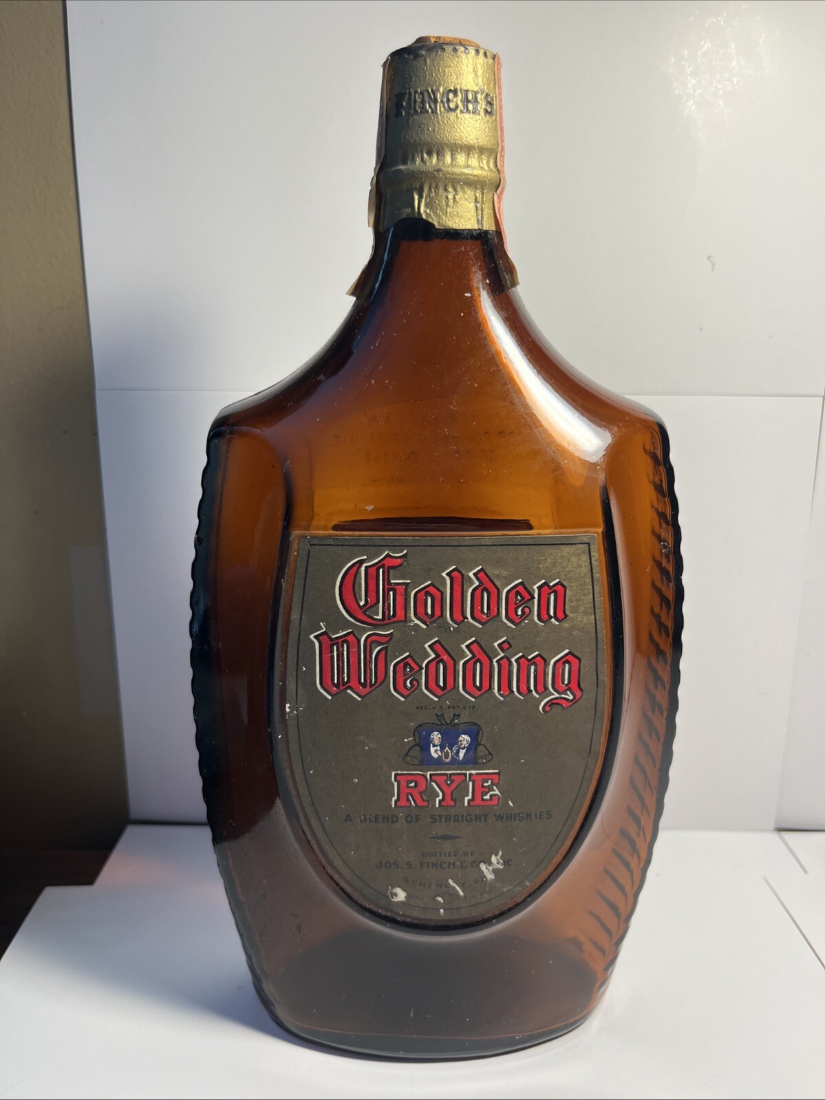 Vintage 1940s Quart Cork Top Golden Wedding Whiskey Bottle