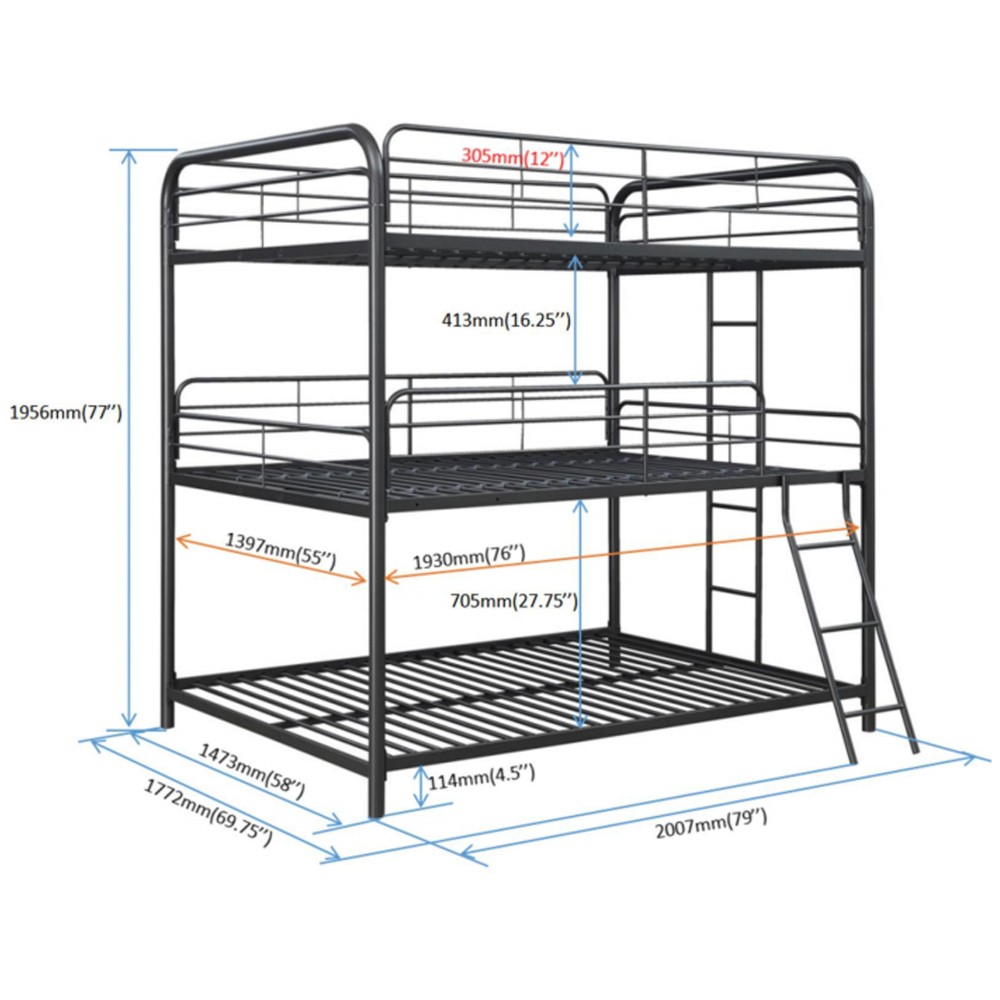 Triple Bunk Bed FULL over FULL over FULL | 3 Full Size Beds | Black Metal Frame
