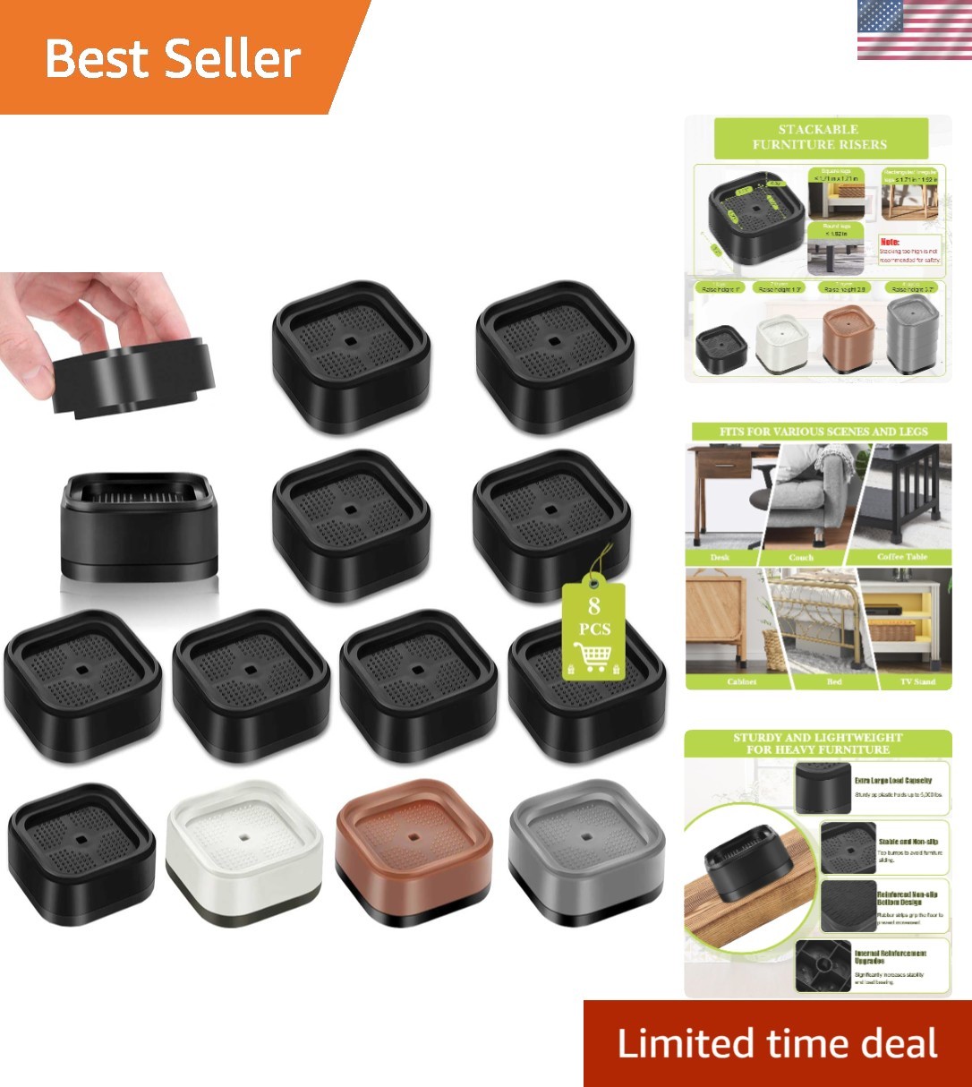 8 Pack Furniture Risers 1 or 2 Inch, Adjustable Bed Risers Heavy Duty for Table