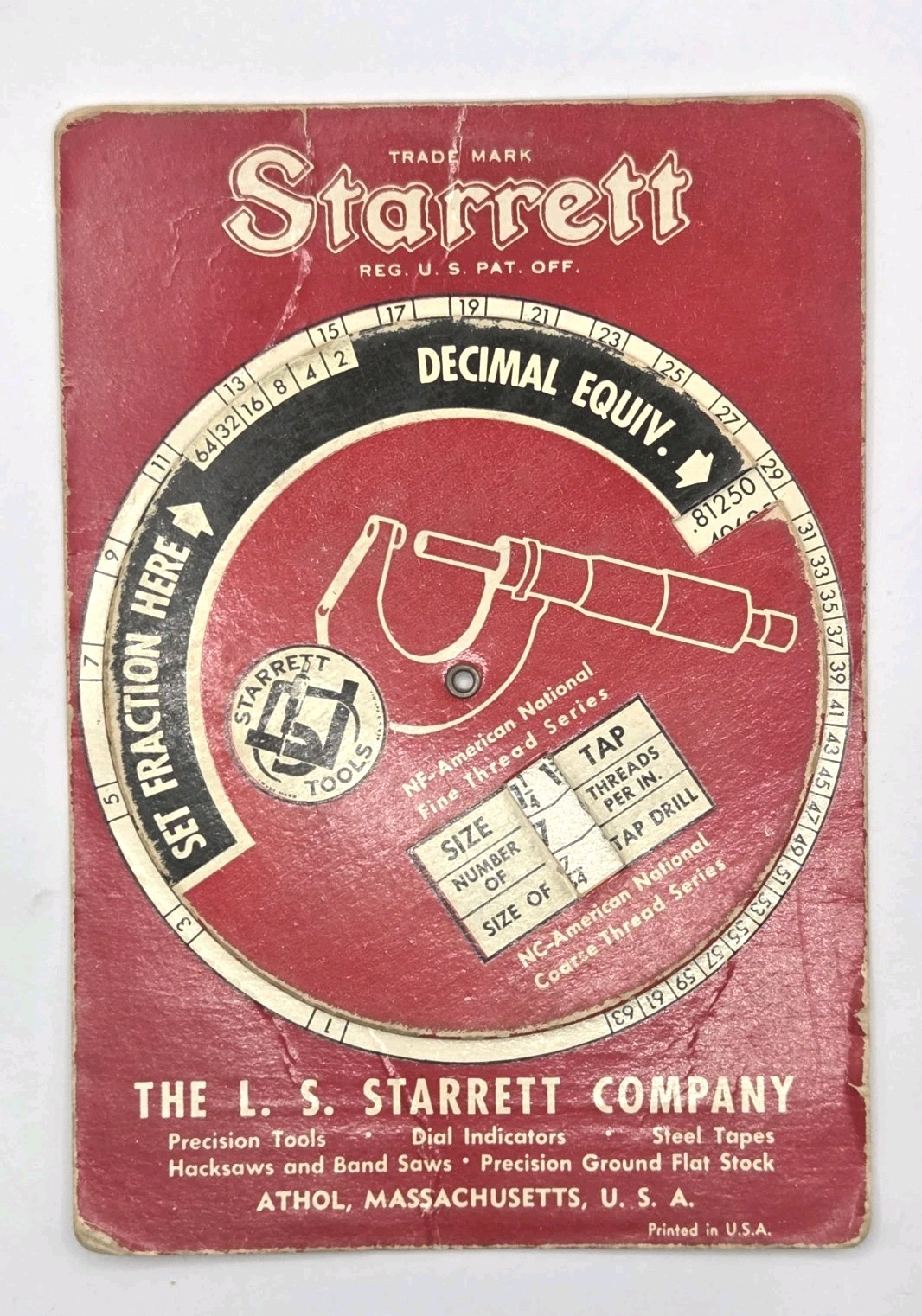 Starrett Tools Screw Thread & Tap Drill Sizes Sliding Chart Advertising c 1952