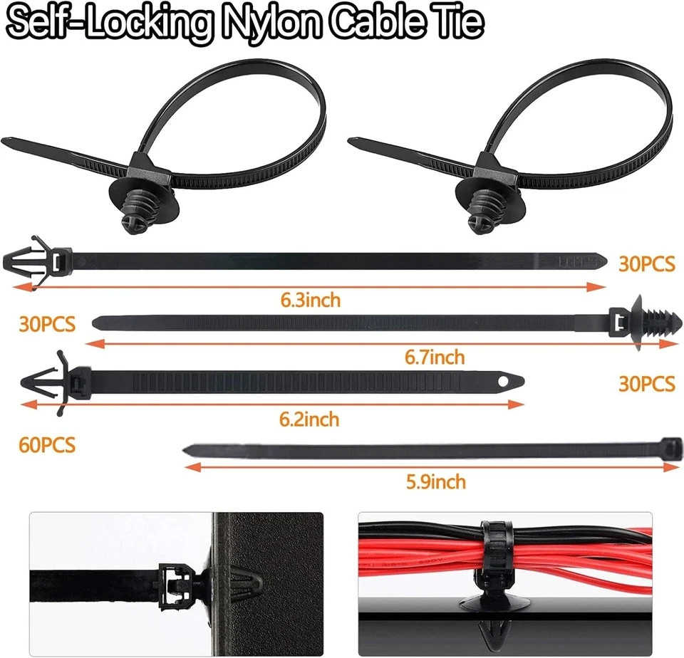 180 Pcs Universal Push Mount Cable Zip Ties Car Wire Loom Routing Retainer Clips