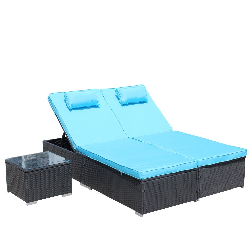 3 Piece Outdoor Patio Rattan Chaise Lounge Set Adjustable Reclining Chair