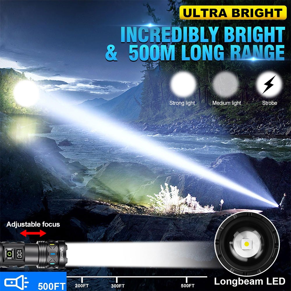 Long Range White Laser LED Flashlight Torch USB Charging Light Telescopic Zoom