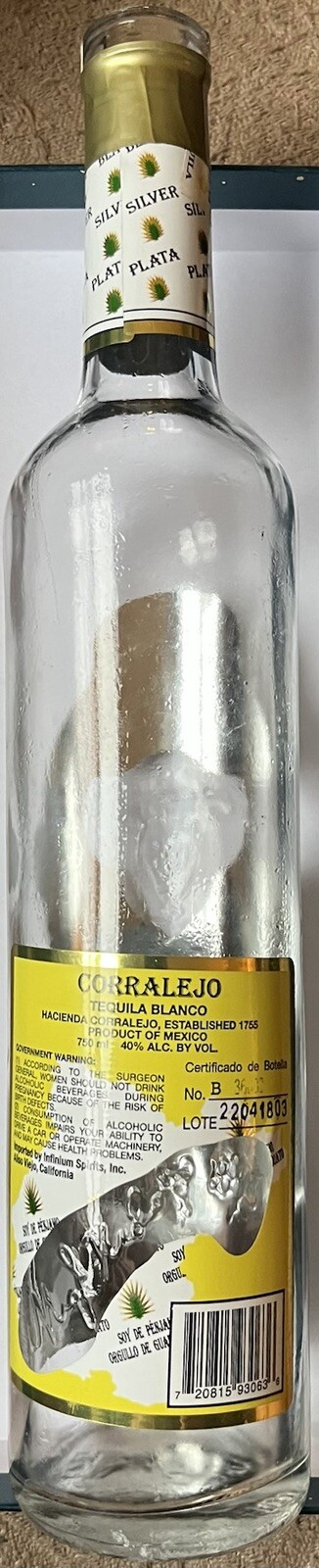 Empty 750 mL Corralejo Silver Blanco Tequila Liquor Bottle For Crafting Display