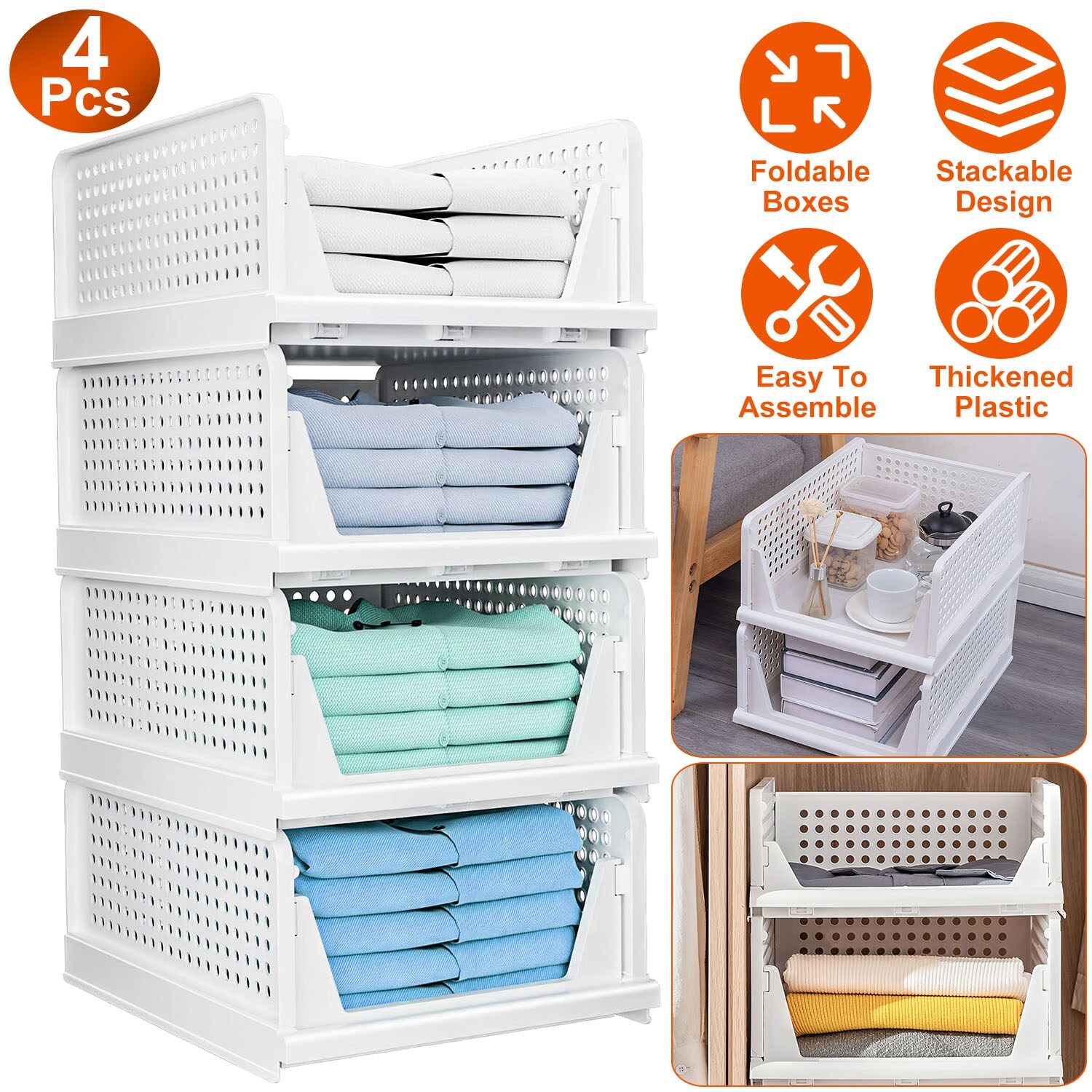 4PCS Closet Organizer Stackable Push-Pull Clothes Foldable Plastic Organizer