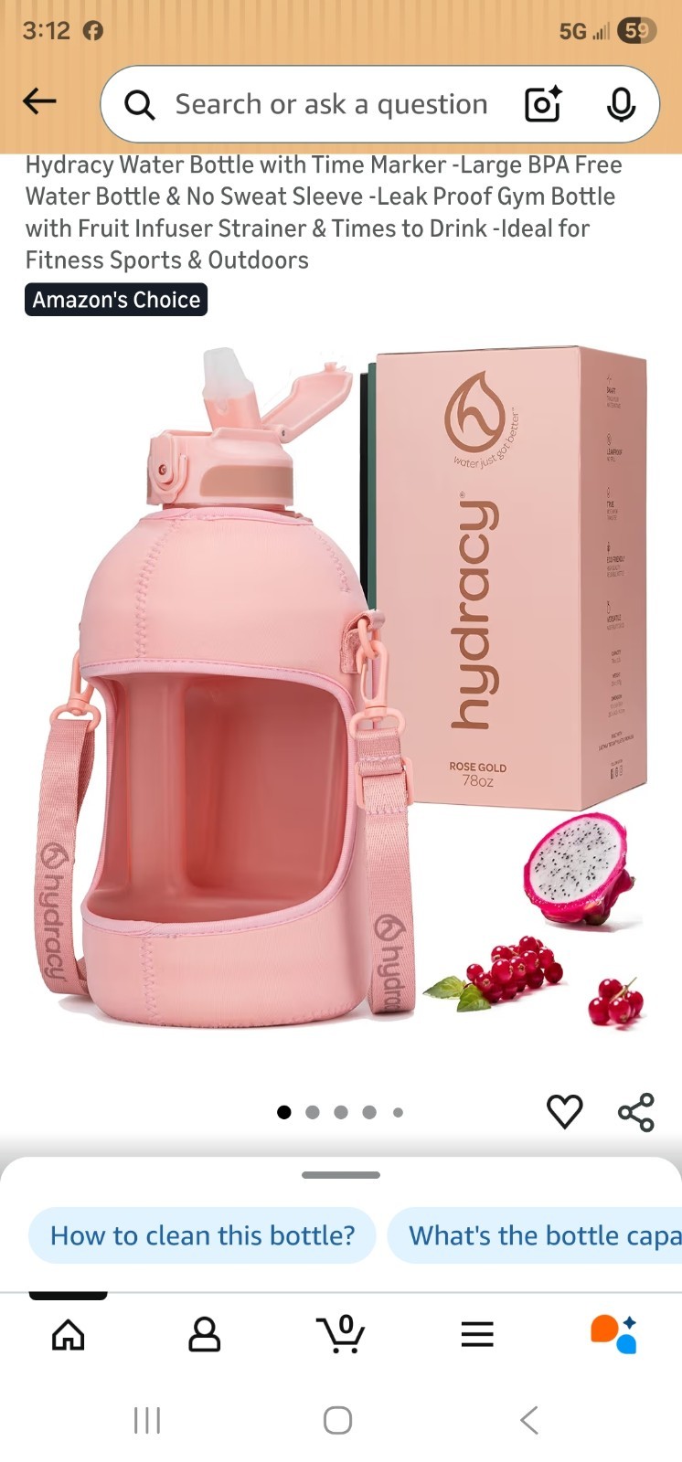 Hydracy Rose Gold 78oz BPA-Free Leak Proof Water Bottle w/ Sleeve