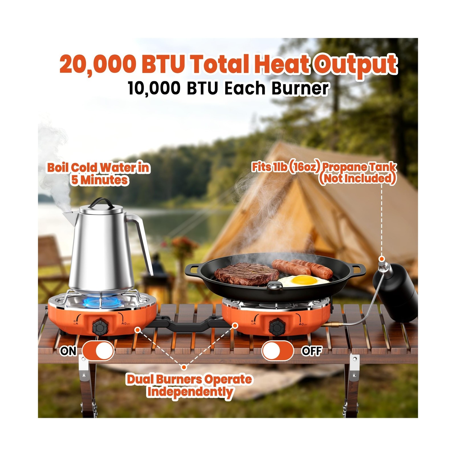 20,000 BTUs 2 Burner Propane Camping Stove, Portable Folding Camp Stove with ...
