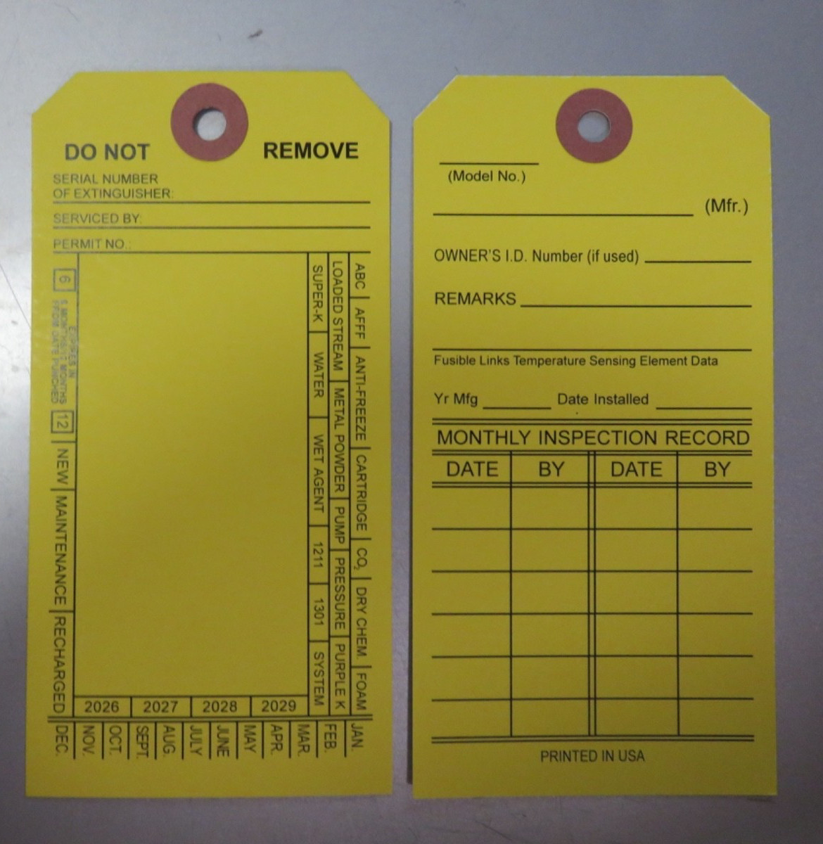 50-FIRE EXTINGUISHER 4-YEAR 2026-2029 INSPECTION Double Sided Tags 5 1/4" X 2 ½"