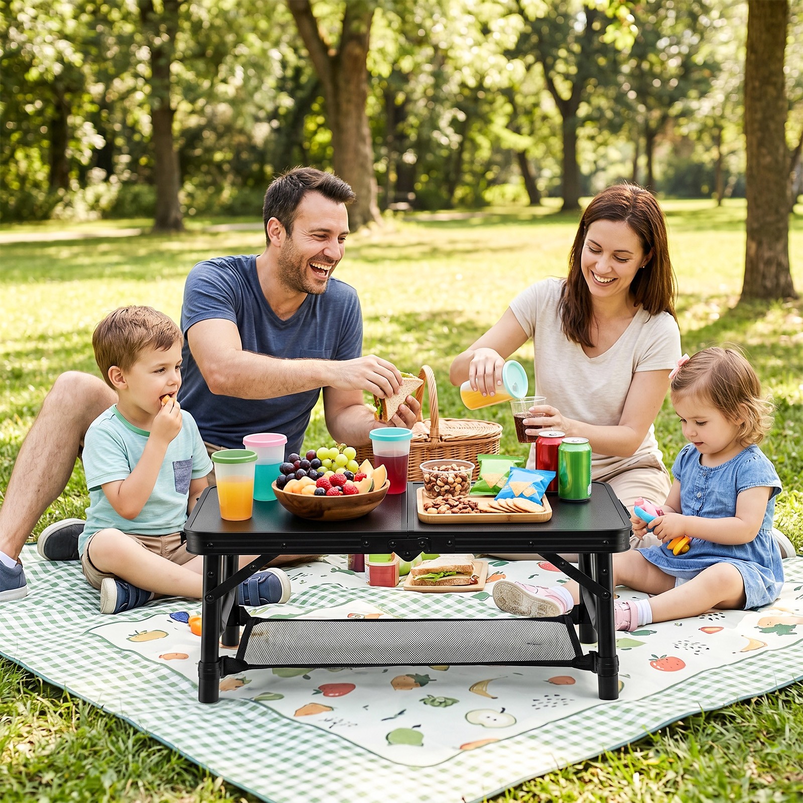 2 FT Small Folding Camping Table w/3 Adjustable Heights Storage Net Carry Handle