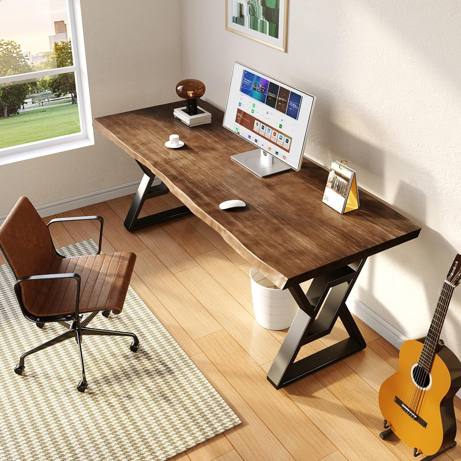 55 Inch Real Wood Desk for Home Office, Solid Pine Writing Desk with Natural Liv