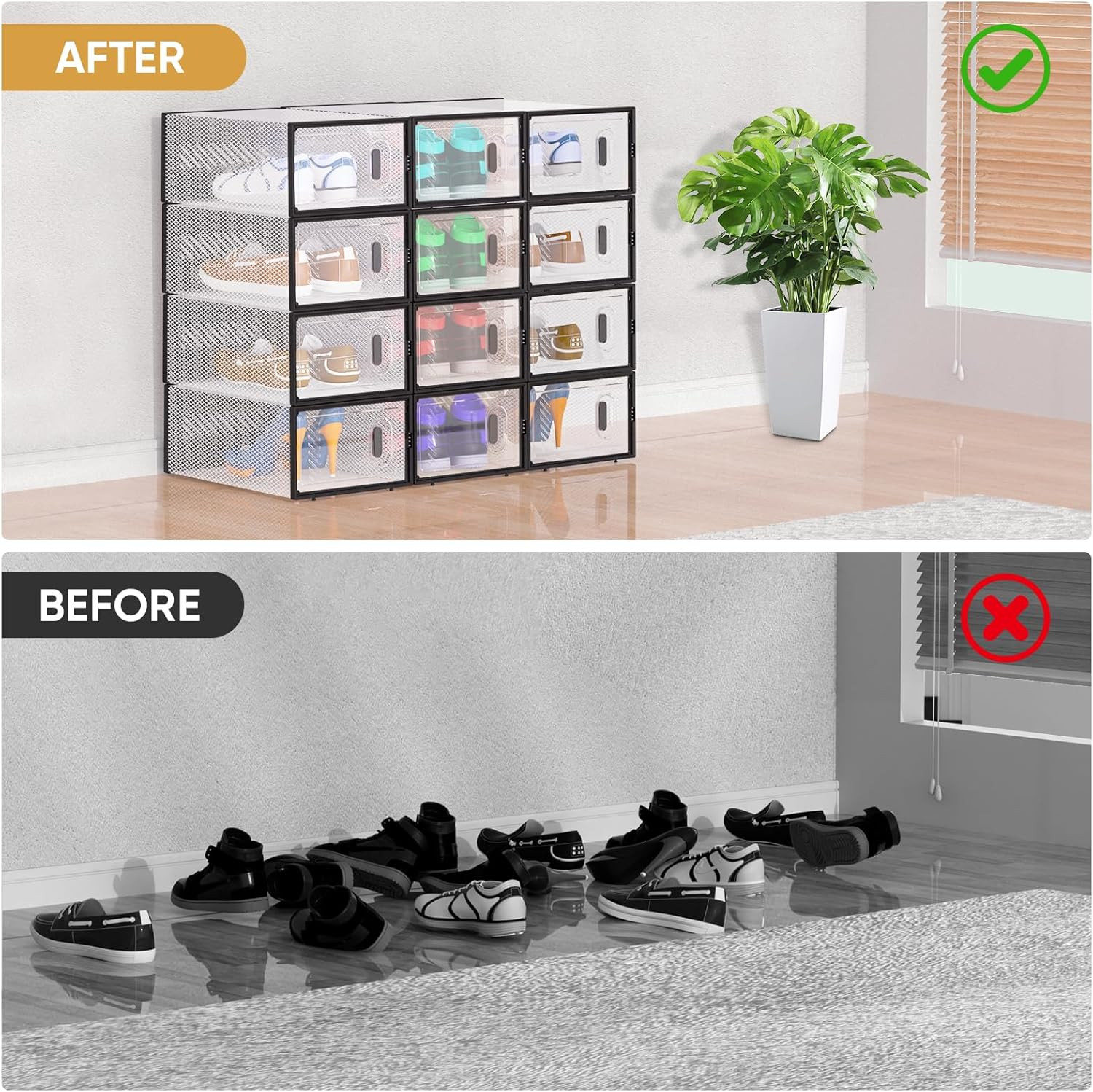 6 Pack Stackable Shoe Storage Boxes Fit Size 9, Thickened Clear Shoe Box Bins wi
