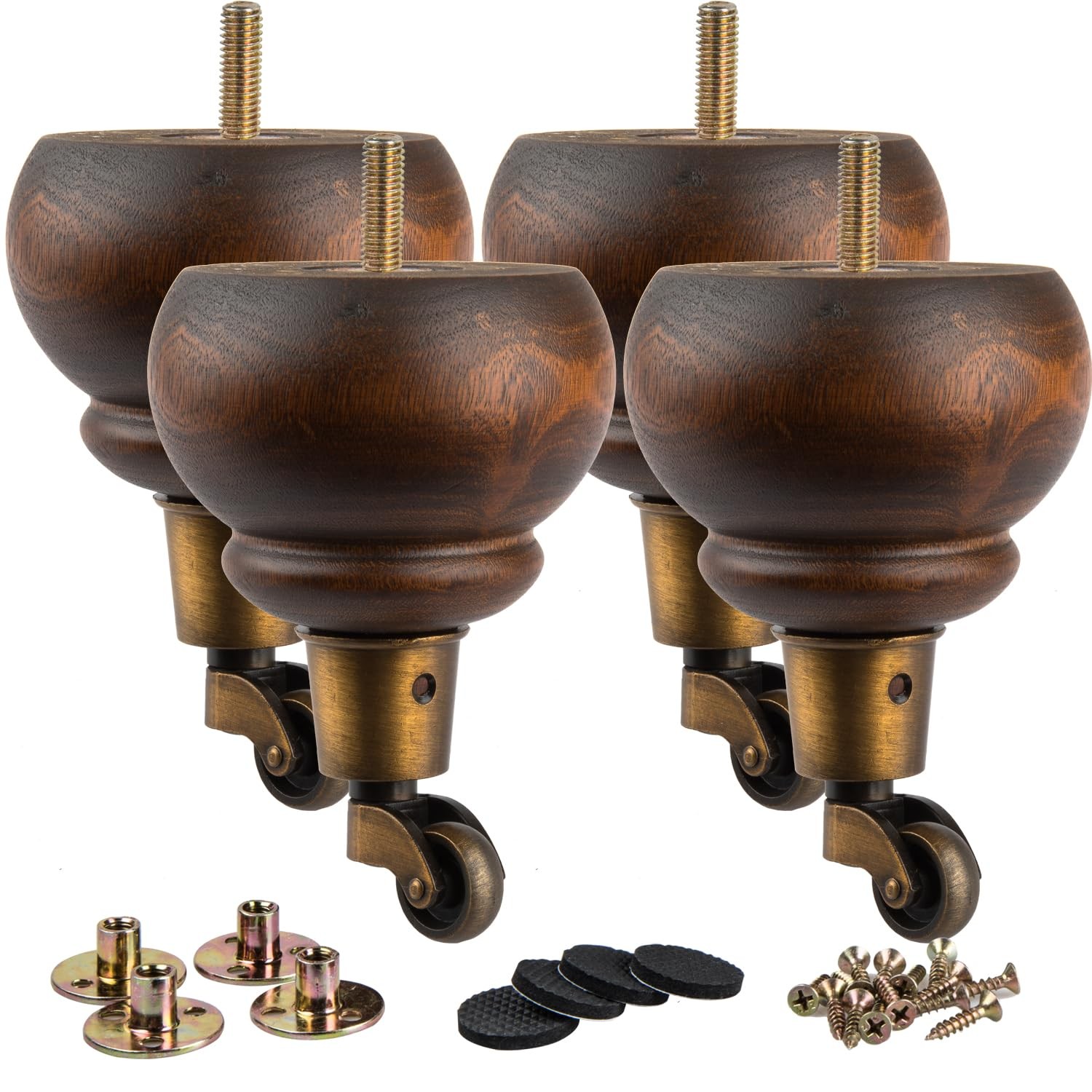 4 PCS 5.5 Inch Solid Wood Glaze Turned Furniture Leg Feet Casters Mounting