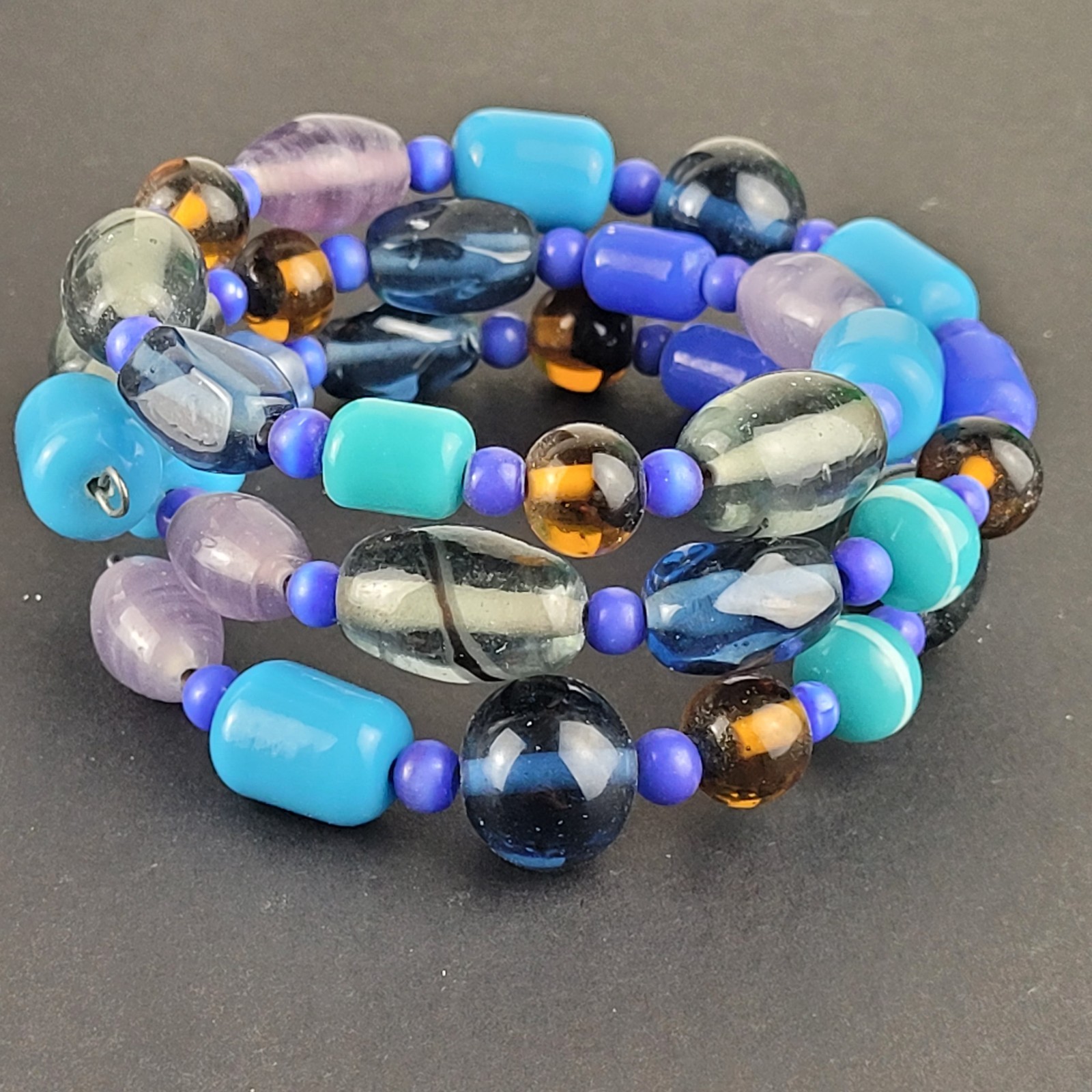 Blue Purple Gray Amber Colored Glass Wire Wrap Beaded Bracelet Artisan Made