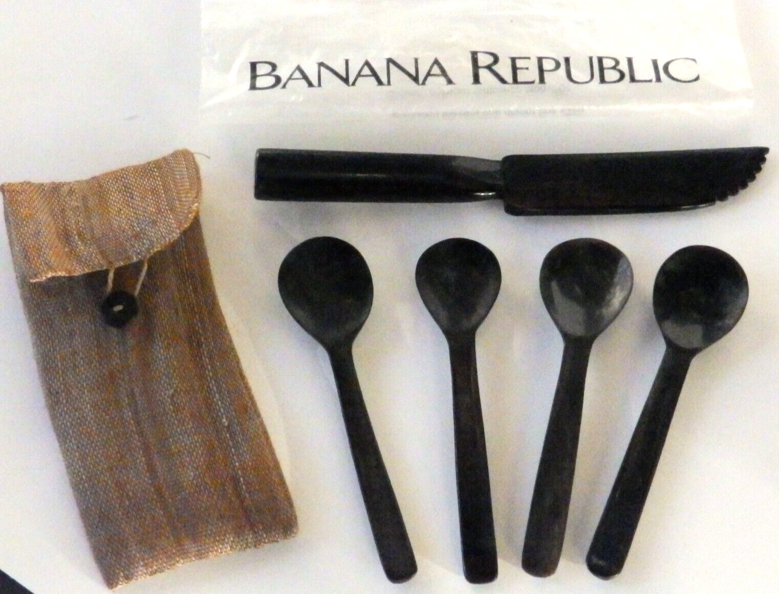 Vintage Banana Republic Black Natural Horn Caviar Spoons Spreader Knife SET NEW