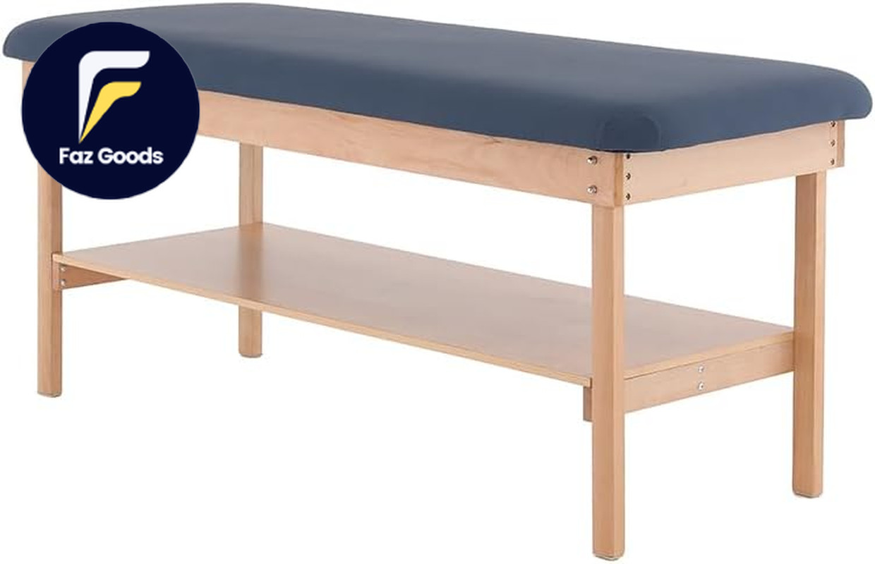 Medical Examination Table Wooden Frame with Navy Cushion Treatment Bench