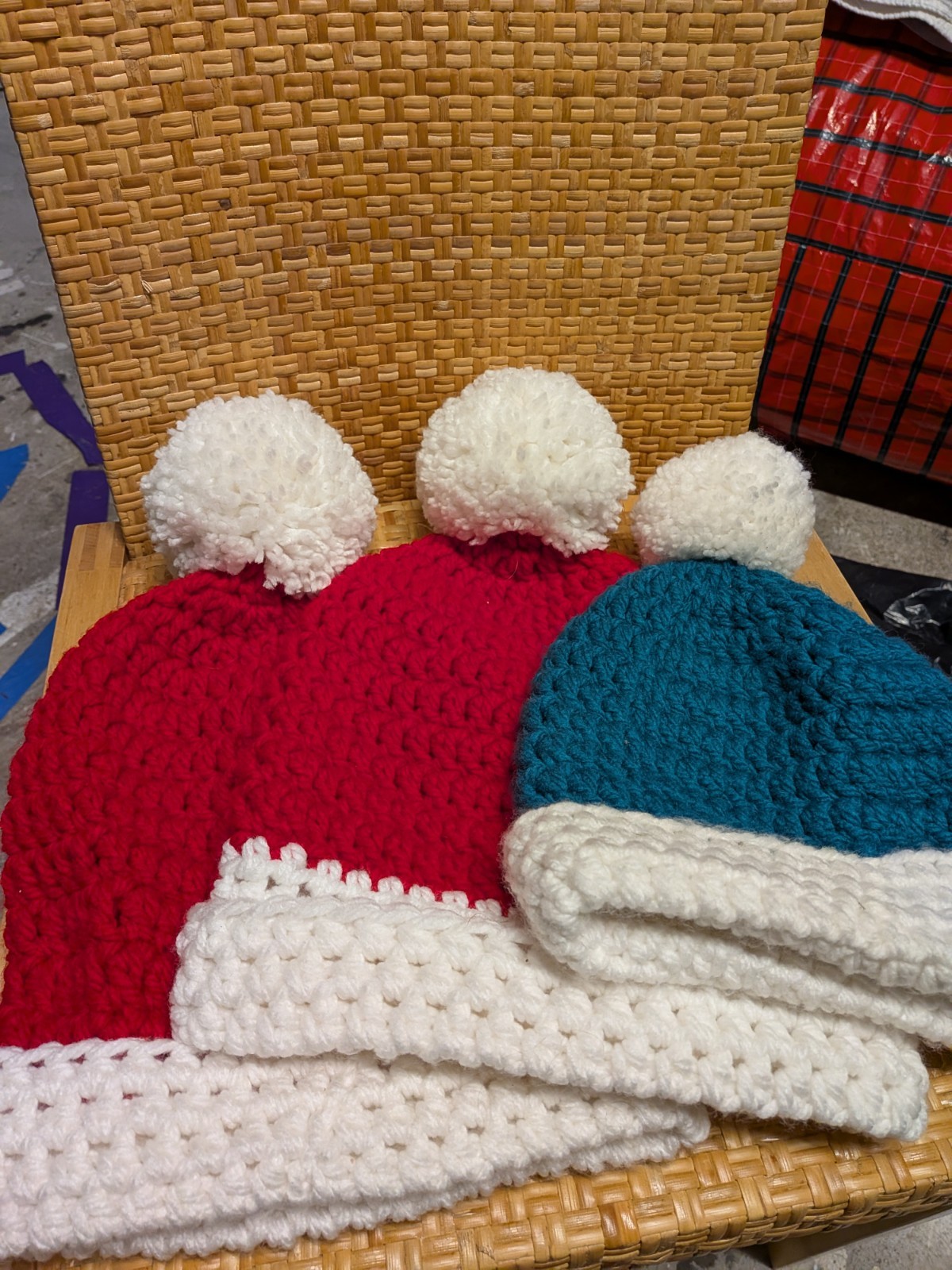 3 Crochet Santa Hats – 2 Adult Red + 1 Kid Teal – Handmade Holiday Christmas