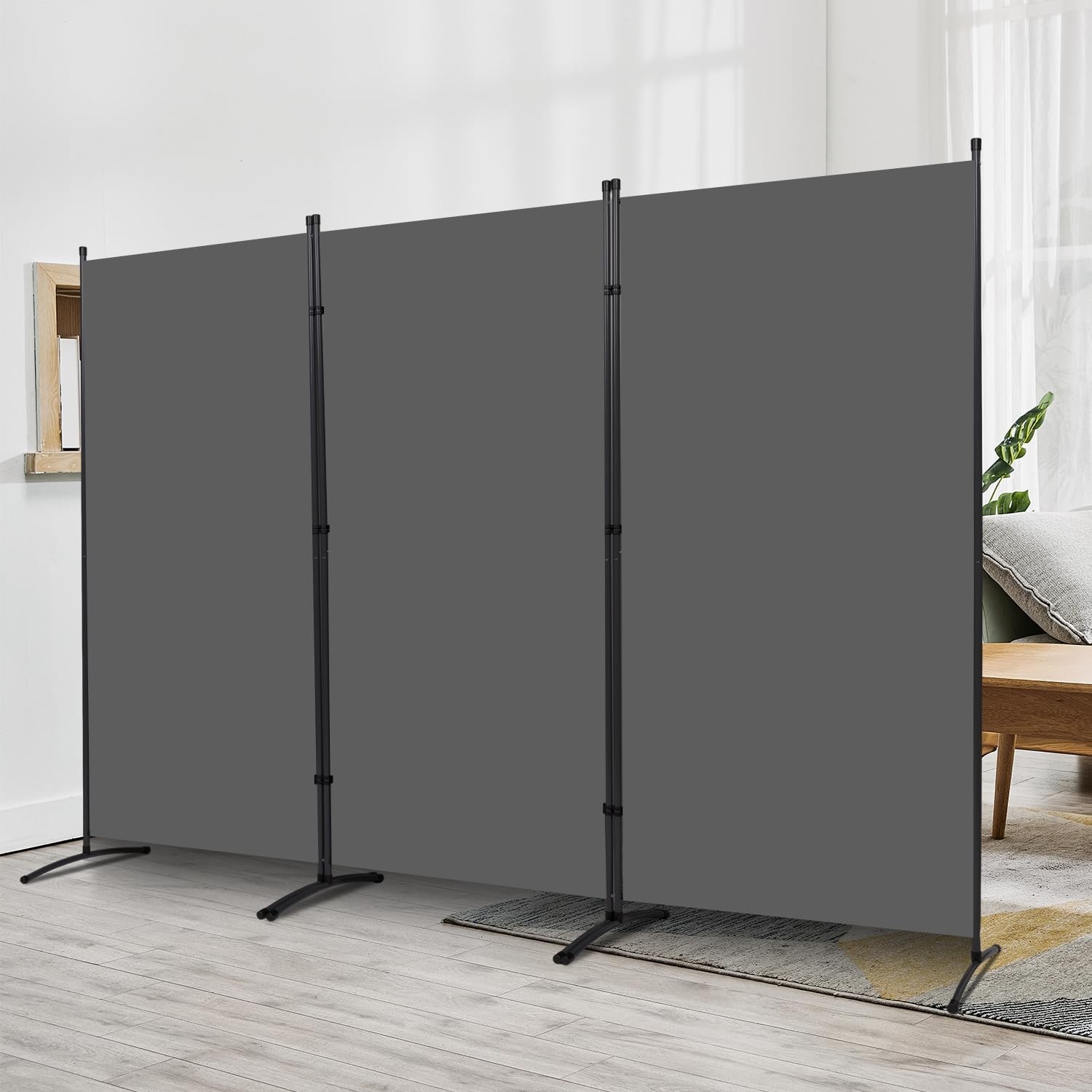 3 Panel Folding Room Divider, 102" Wx71.3 H Portable Wall Divider, Grey | Lig...