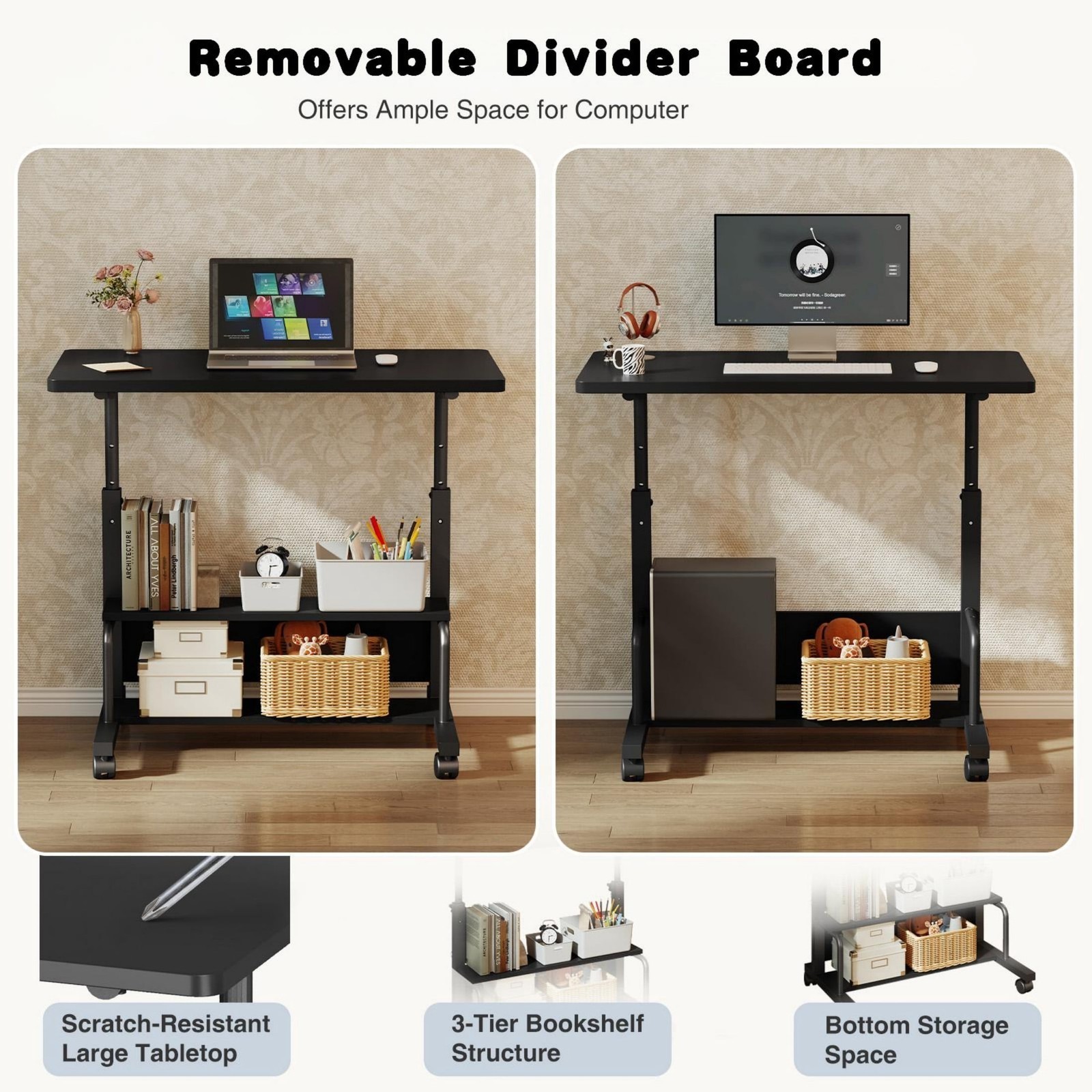 Height Adjustable Bedside Table Rolling Laptop Standing Desk w/2 Tier Storage