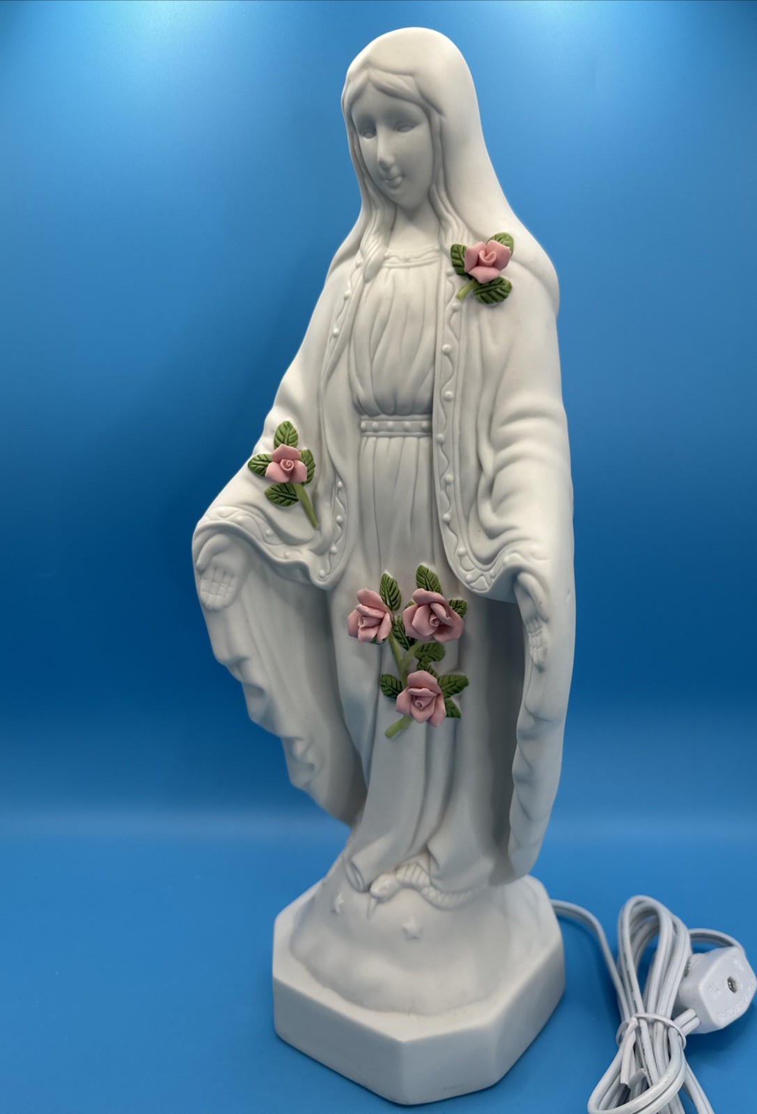 OUR LADY of GRACE NIGHT LIGHT ADORNED W/ PINK ROSES 12” BISQUE PORCELAIN ￼