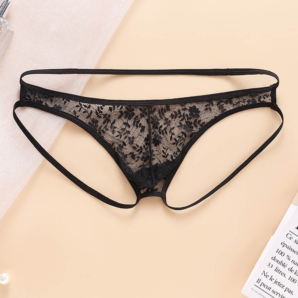 Men's Hollow Thong G String Lace Sheer Low Rise Open Butt Underwear Black
