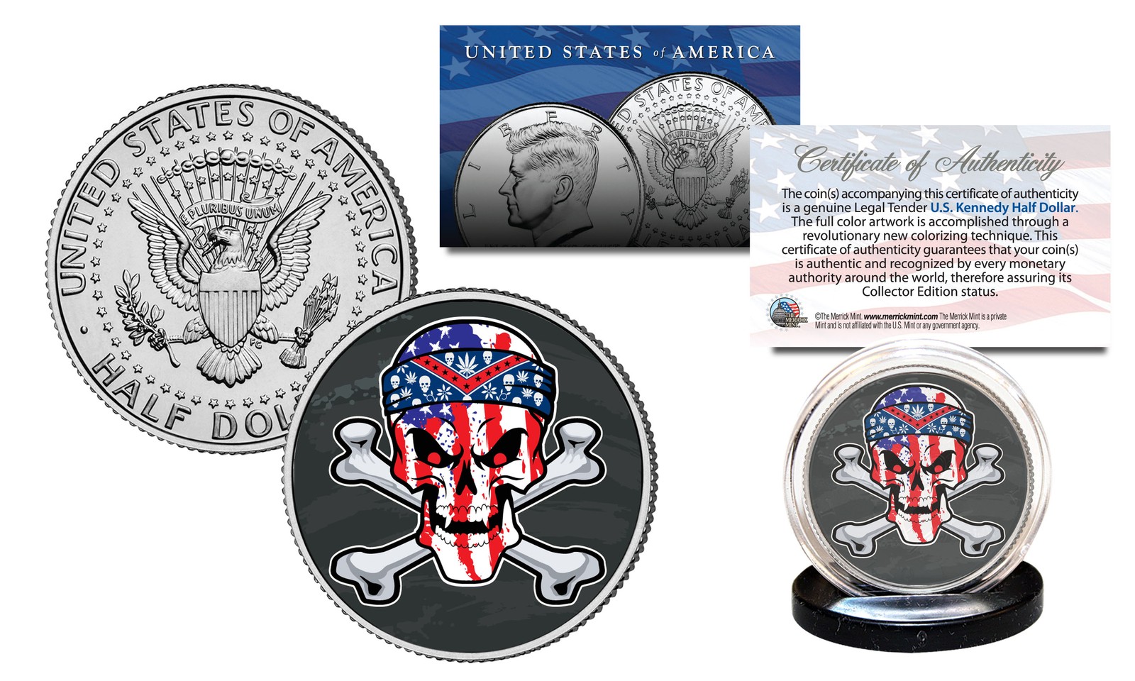 SKULL Official Legal Tender JFK Kennedy Half Dollar US Coin - US Flag Crossbones