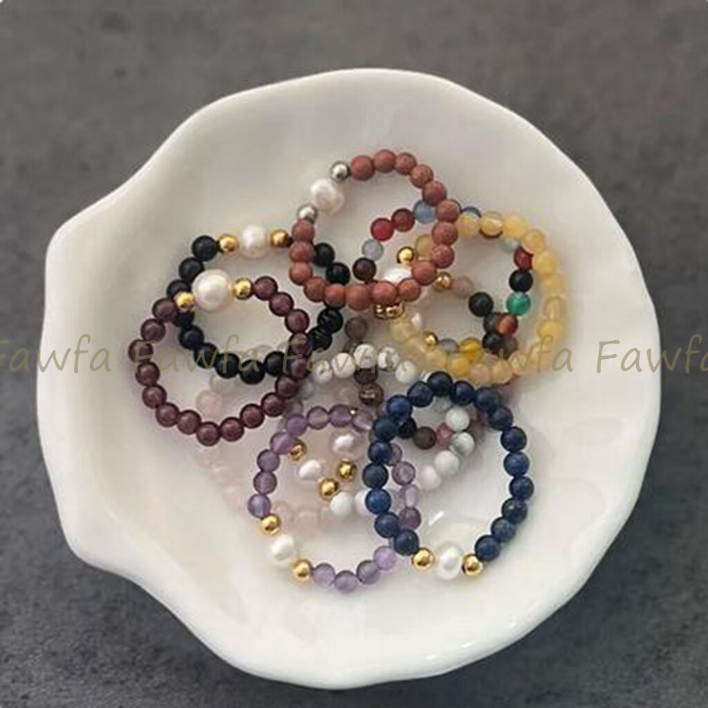 Natural 4mm Round Gemstone Beads White Pearl Adjustable Stretchy Finger Rings