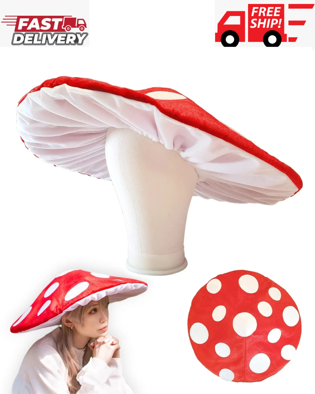 Mushroom Hat Costume Cosplay Accessory Party Hat Cap Oversized with Wired Bri