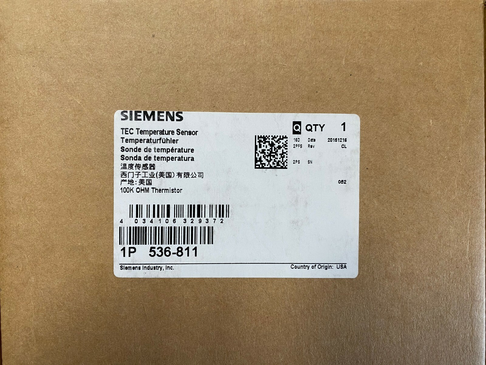 SIEMENS TEC 1P 536-811 Duct Temperature Sensor 100k ohm Thermistor