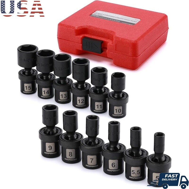 12pc 1/4" Drive Metric Universal Impact Socket Set CR MO Wobble Flexible Shallow