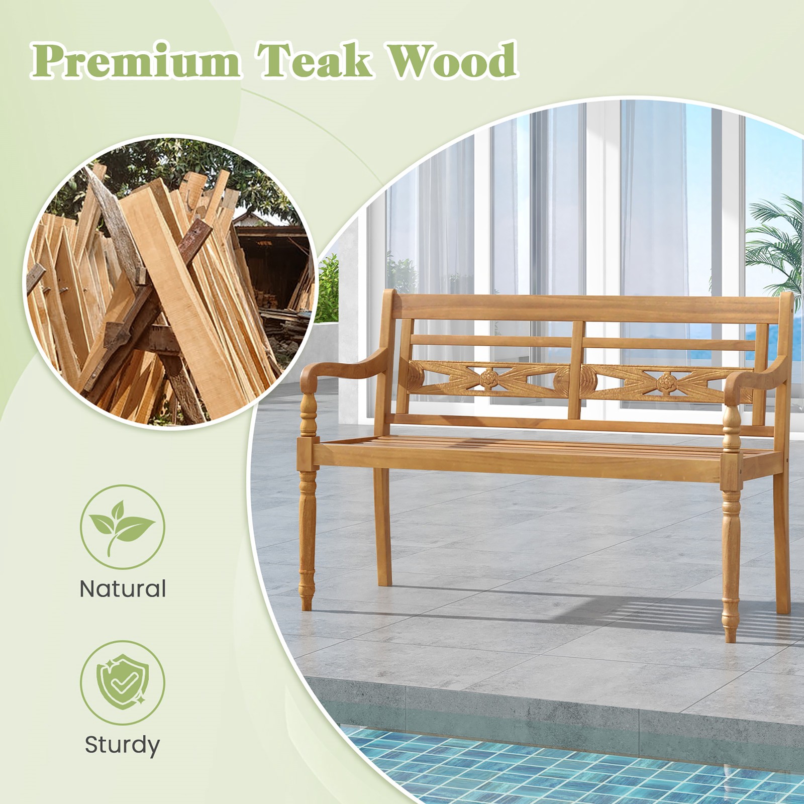 2-Person Garden Bench w/ Wide Backrest & Curved Armrests for Backyard