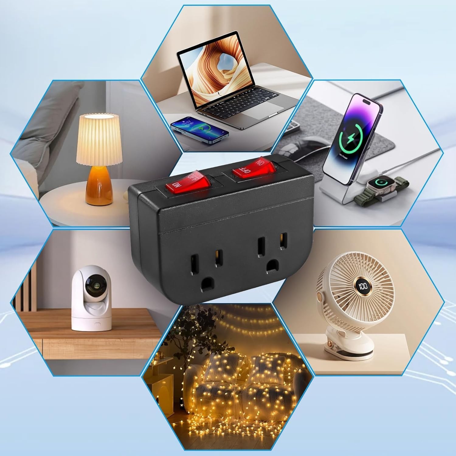 Grounded Outlet with Double on off Switch, 2 Port Electrical Outlet Plug Switch