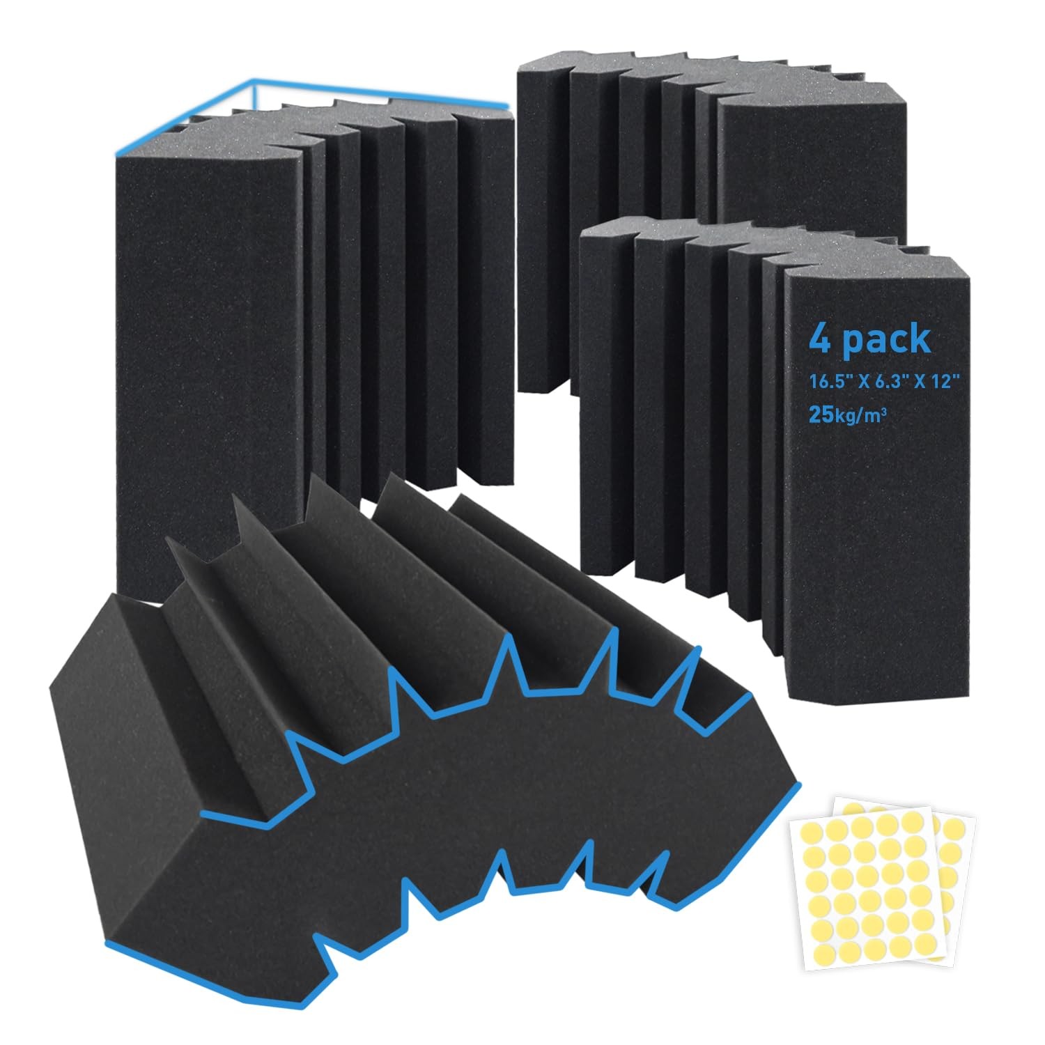 4 Pack Curved Bass Traps Corner Acoustic Foam, Large Size 16.5" X 6.3" X 12" ...