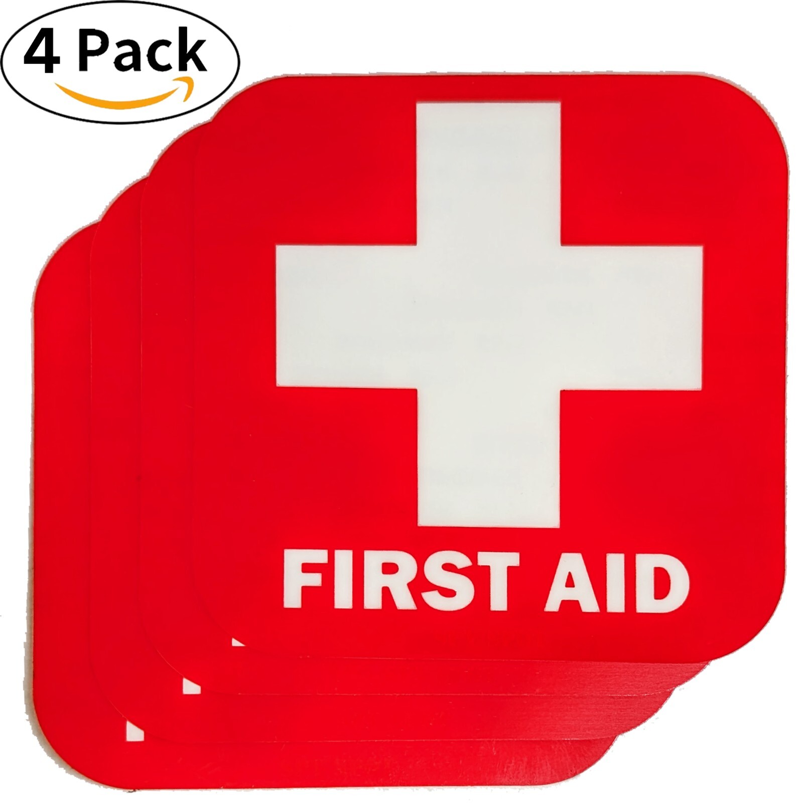 Red First Aid Sticker 4 Pack, 3.5 x 3.5 Inches Self Adhesive First Aid Decal