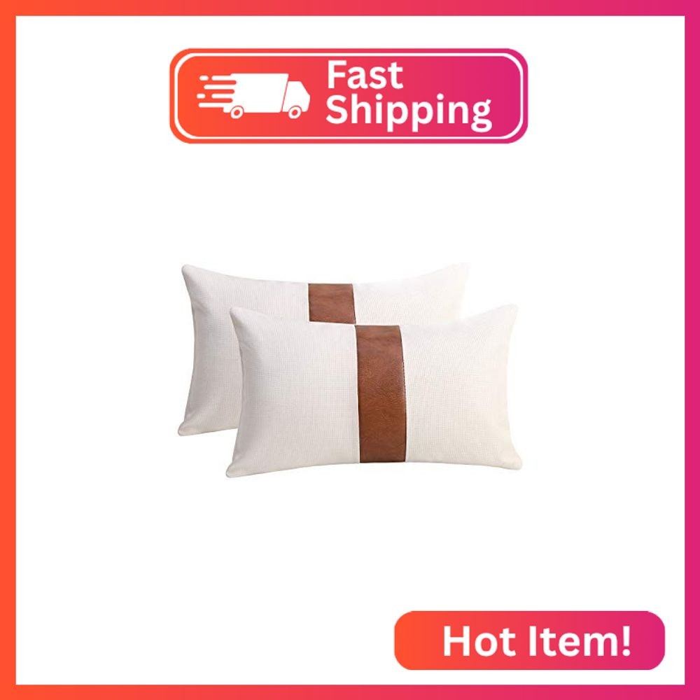cygnus Set of 2 White Linen Patchwork Faux Leather Throw Lumbar Pillow Covers fo