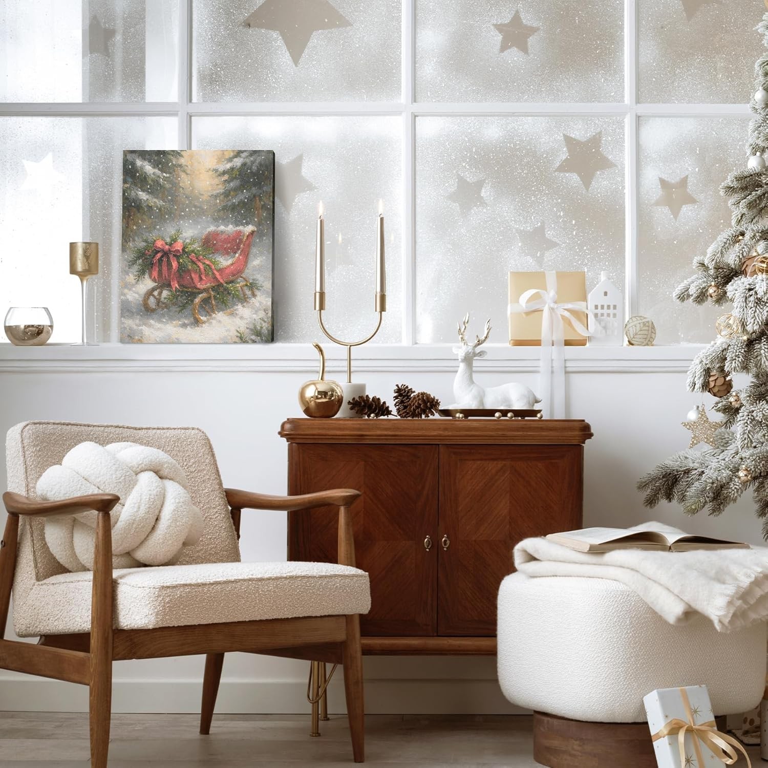 FISWAFY Vintage Christmas Red Sleigh Framed Canvas Wall Art Decor,