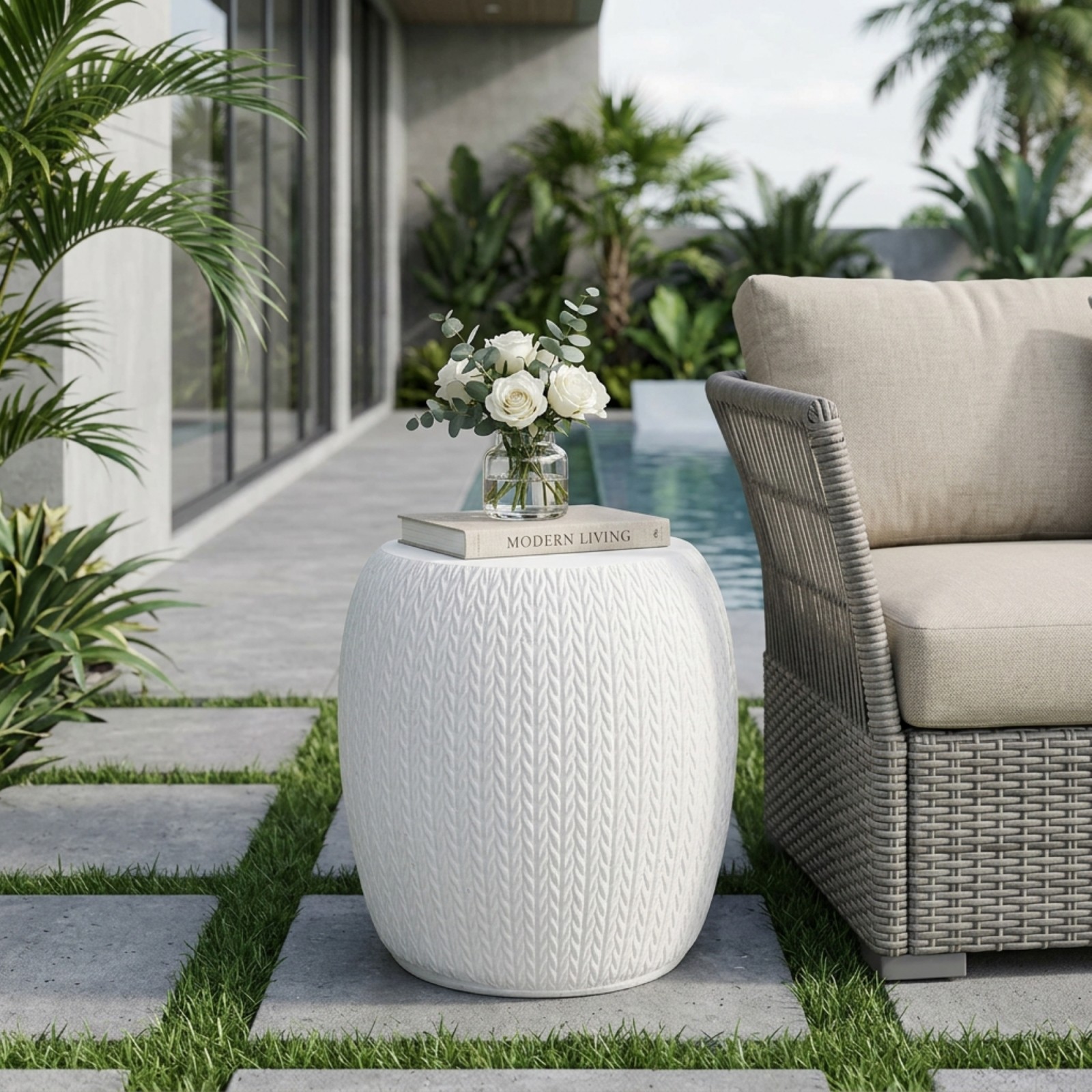 Outdoor Concrete Side Table Antique White 15.75" Square End Table