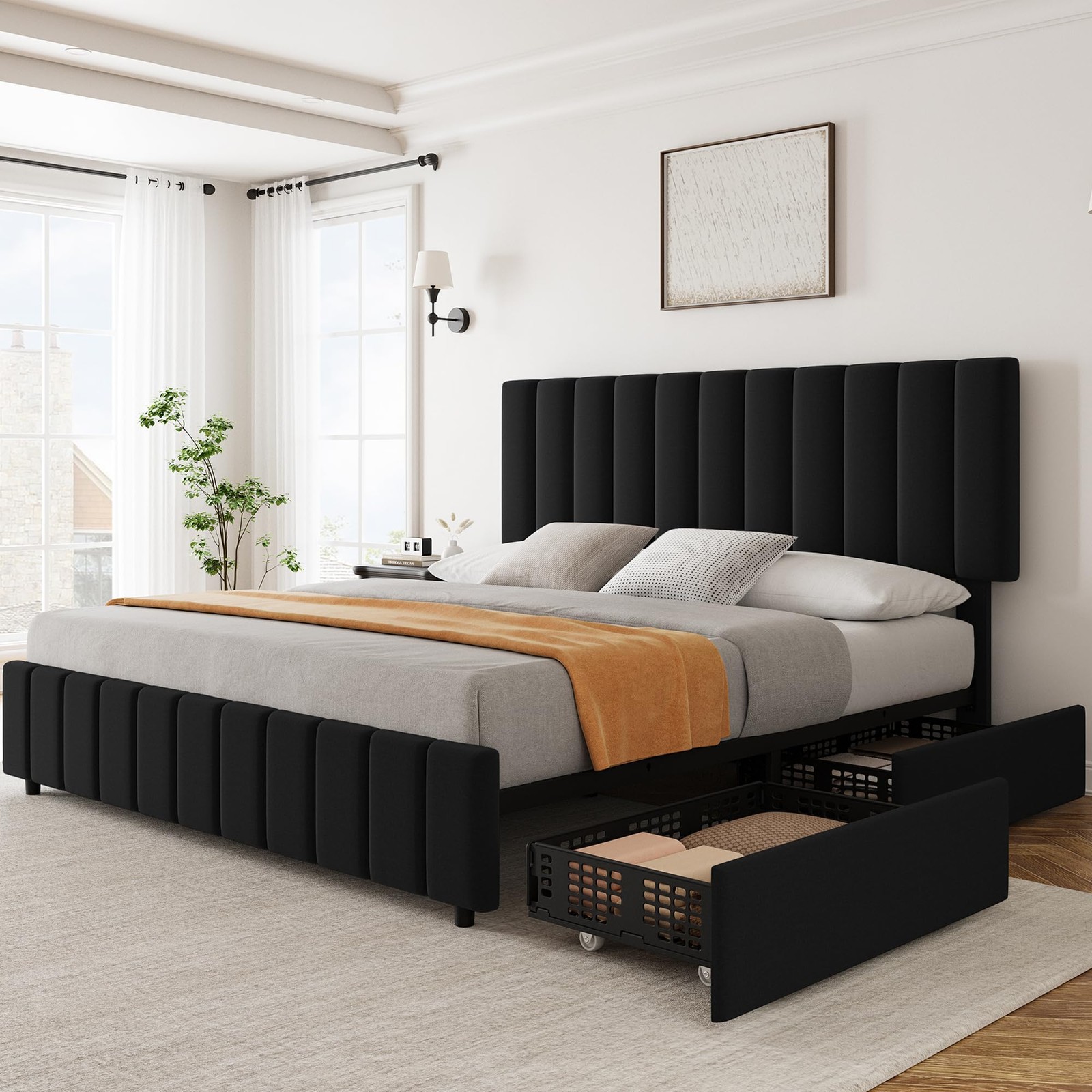 Bed Frame Queen Size with 4 Drawers Modern Linen Upholstered Platform