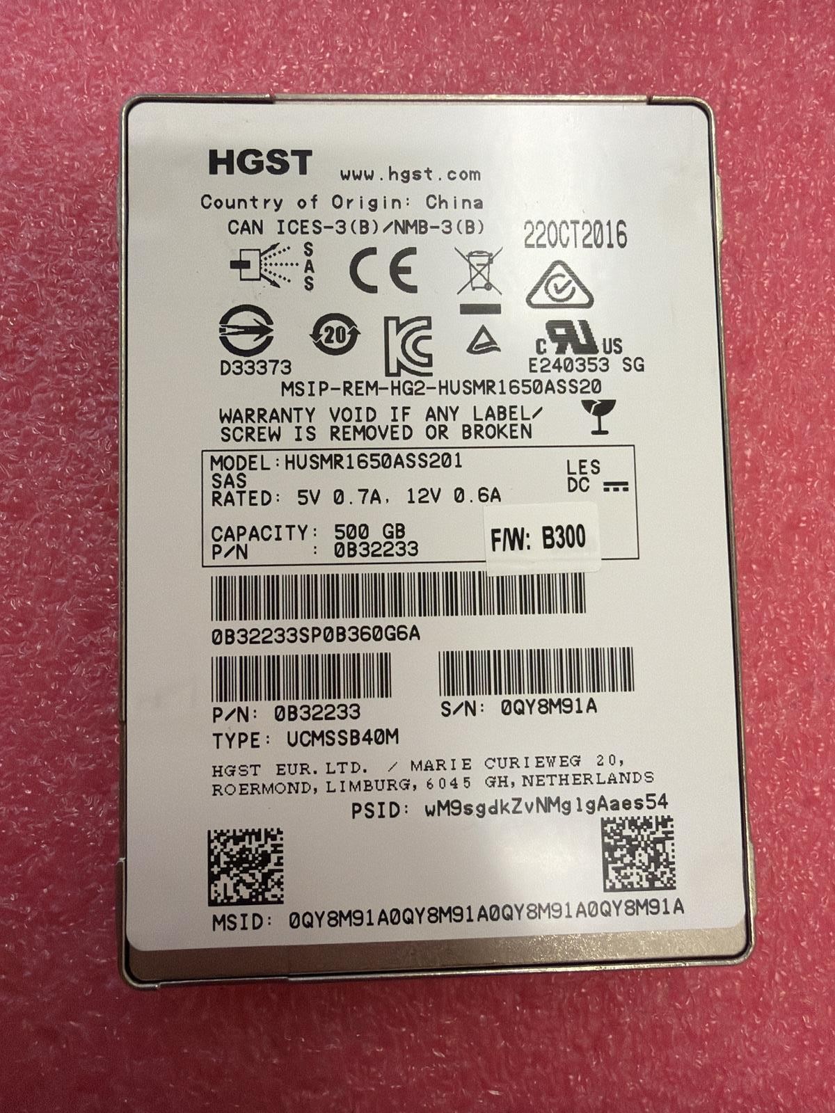 HGST HUSMR1650ASS201 500GB 2.5 SAS SSD 0B32233