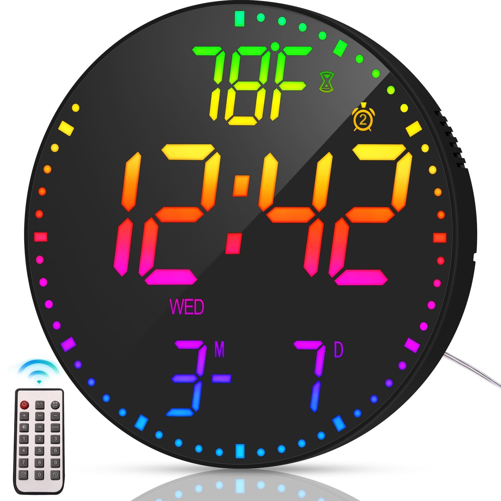 Kasbin 12 Inch Large Digital Wall Clock with Remote Control, RGB Color, Alarm...