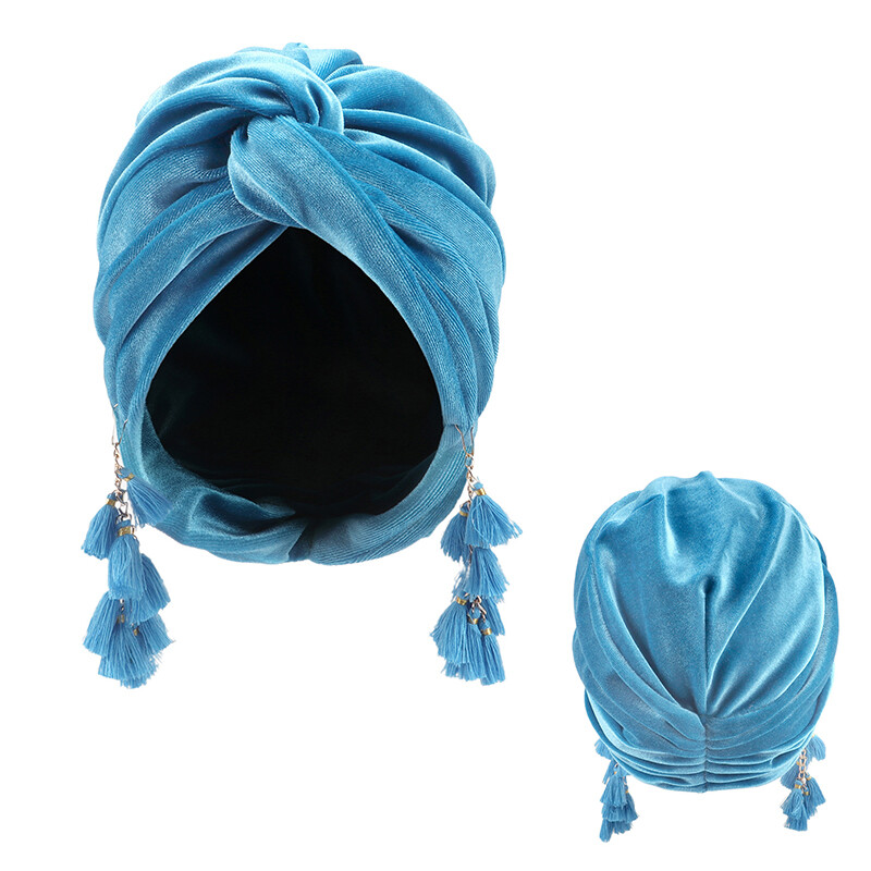 Muslim Women Velvet Tassels Turban Hat Soft Stretch Bohemian Cross Pullover Cap