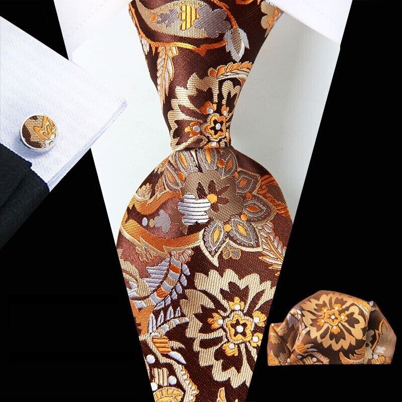 Classic Floral Brown White Jacquard Silk Men's Tie Necktie Hanky Cufflink Set